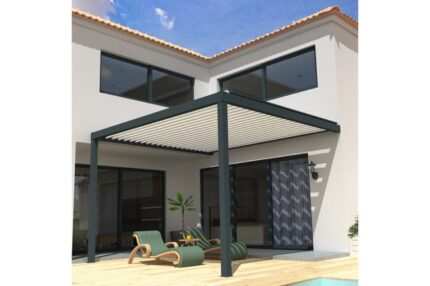 Pergola Bioclimatique STYLE Mixte Gris anthracite / Blanc 4,00x3,046m Motorisé à  télécommande
