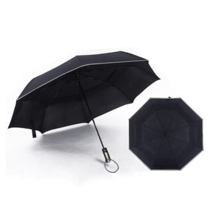 Parapluie Resistant Aux Vents Compact, Ouverture Automatique - Manche Ergonomique - Dragonne - Deperlant - Bande Reflechissante Ø 103 CM- Noir