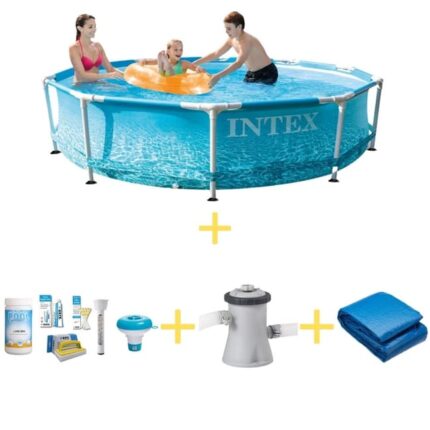 Intex Piscine - Metal Frame - Thème de la plage - 305 x 76 cm - Avec WAYS Pack d'entretien piscine, Pompe filtrante & Bâche de sol