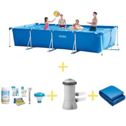Intex Piscine - Frame Pool - 450 x 220 x 84 cm - Avec WAYS Pack d'entretien piscine, Pompe filtrante & Bâche de sol