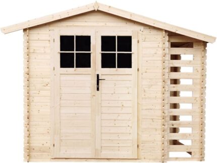 TIMBELA M386F Abri de jardin en bois et range bûches extérieur - porte verrouillable de haute qualité I206xL272xH218 cm/3,53+0,97 m2