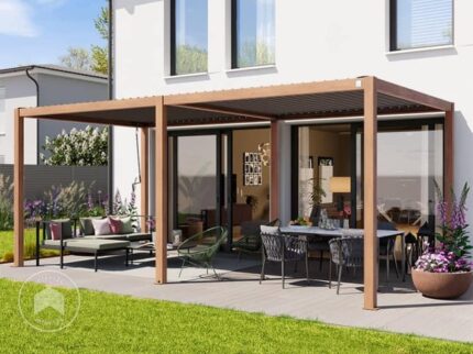 PRIMEYARD Pergola 3x6 m poteaux aspect bois en aluminium avec lames orientables en acier pavillon