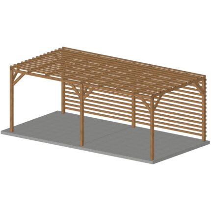Pergola en bois massif 6x3, classe 3, durable, toiture brise soleil et 2 fond brise vue en persienne