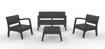Salon de jardin extérieur de 4 places en résine anthracite (1 Canapé 2 places + 2 fauteuils + Table)