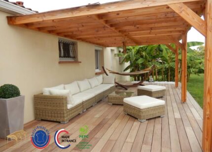 Charpente pergola adossée 650cmx500cm, Bois DOUGLAS Français label PEFC (Carport-Auvent - Abri terrasse) 650cmx500cm, surface 32.50 m².