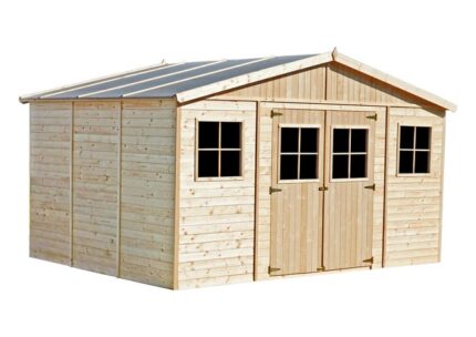 Abri de jardin en bois Exterieur AVEC PLANCHER IMPRÉGNÉ- Chalet en Pin / épicéa-H246x418x320 cm/12 m²- Timbela M331+M331G