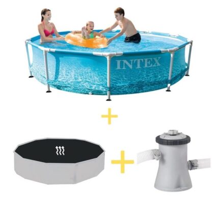 Intex Piscine - Metal Frame - Thème de la plage - 305 x 76 cm - Avec Tapis solaire & Pompe filtrante