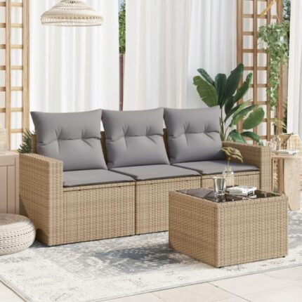 Salon de jardin avec coussins 4 pcs | Mobilier d'Extérieur | Ensemble de Table et chaises beige résine tressée CDS53370
