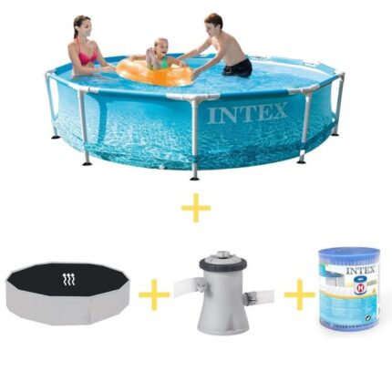 Intex Piscine - Metal Frame - Thème de la plage - 305 x 76 cm - Avec Tapis solaire, Pompe filtrante & Filtre