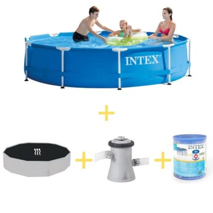 Intex Piscine - Metal Frame - 305 x 76 cm - Avec Tapis solaire, Pompe filtrante & Filtre