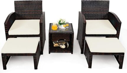 Salon de Jardin 5 Pièces-2 Personnes-en Rotin Tressé-2 Chaises&2 Tabourets avec Coussins/1 Table Basse-Plateau en Verre,Blanc