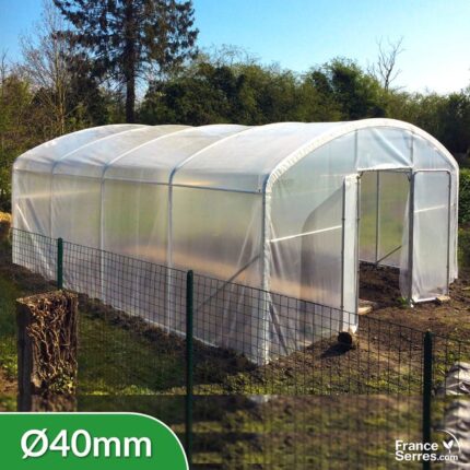 Serre tunnel PROFESSIONNELLE 30m² avec une double-porte par pignon - Bâche thermique diffusante et structure Ø40mm