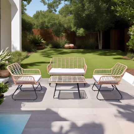 Salon de jardin 4 places en résine tressée coussin gris