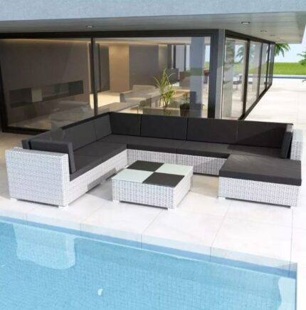 Salon de jardin 8 pièces résine tressée blanc coussins noir Kim