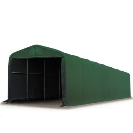 4x24 m hangar, porte 3,5x3,5 m, toile PRIMEtex 2300, anti-feu, vert foncé, avec statique (type de sol : terre)