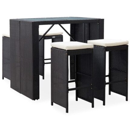 The Living Store - Mobilier de bar d'extérieur 5 pcs Résine tressée et verre Noir