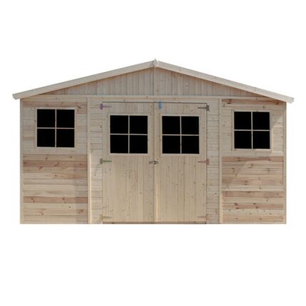 Abri de Jardin en Bois Naturel - Stockage extérieur avec fenêtres- H246x418x220 cm/8 m² hangar en bois naturel - TIMBELA M332