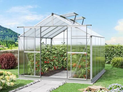 GFP Serre de jardin Orchidee 5 structure en aluminium 256 x 317 cm panneaux en polycarbonate - avec cadre de fondation et ouvre-fenêtre automatique