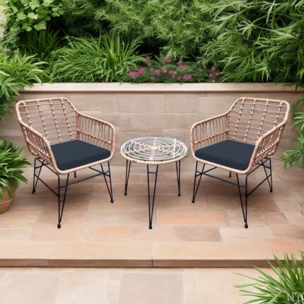 Salon de jardin 2 places en résine tressée coussin noir