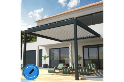 Pergola Bioclimatique COCOON perpendiculaire antihoraire Mixte Gris anthracite / Blanc 4,051x4,00m Verin + LED