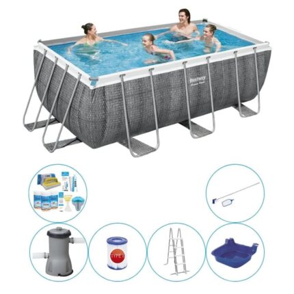 Paquet de piscine tout en 1 - Bestway Power Steel Rotan Rect. 412x201x122 cm - Avec pompe de filtrage