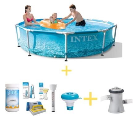 Intex Piscine - Metal Frame - Thème de la plage - 305 x 76 cm - Avec WAYS Pack d'entretien piscine & Pompe filtrante