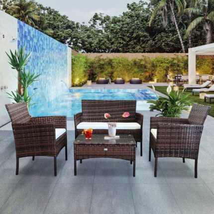 Salon de jardin résine tressée 4 places + table rectangle marron AVEZU