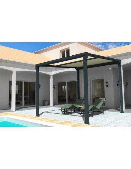 Pergola toile TILA îlot 3,50x3,00m Motorisé à  télécommande + manœuvre de secours (Ecru - Gris anthracite)