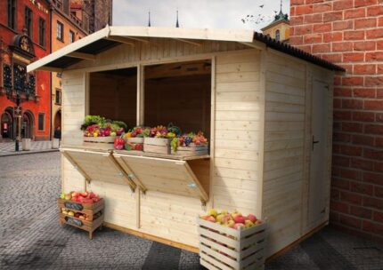 TIMBELA M150 Maison de jardin en bois, Étal de marché en bois, Grand stand de vendeur avec comptoir H232x336x263 cm/6m2, Facile à monter et à démonter