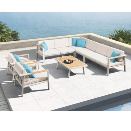 Grand salon de jardin moderne en aluminium et bois teck - NOFFY COSY PLUS