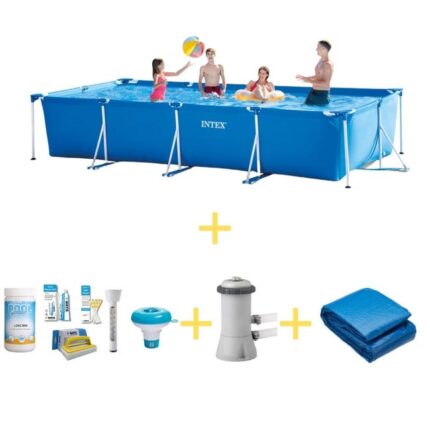 Intex Piscine - Frame Pool - 450 x 220 x 84 cm - Avec WAYS Pack d'entretien piscine, Pompe filtrante & Bâche de sol