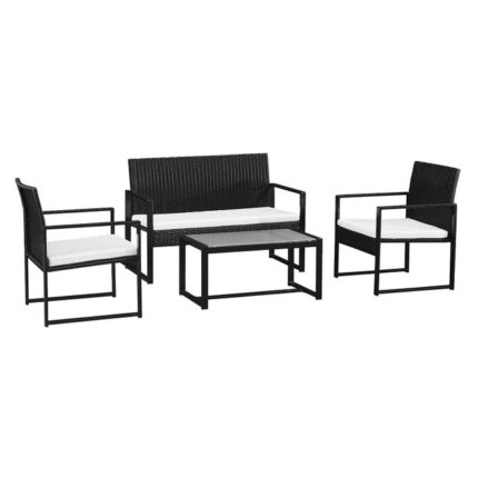 Salon de jardin MAJORQUE en résine tressée noir 4 places - coussins ivoire