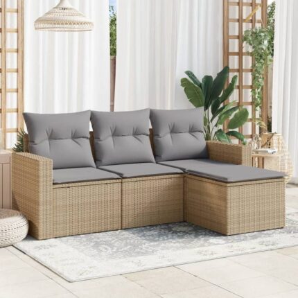 Salon de jardin avec coussins 4 pcs | Mobilier d'Extérieur | Ensemble de Table et chaises beige résine tressée CDS44982