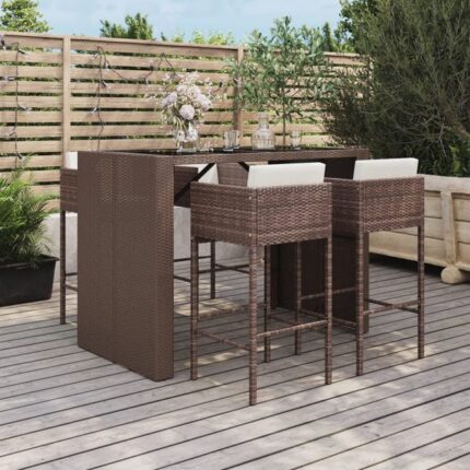 The Living Store - Ensemble de bar de jardin avec coussins 5 pcs marron poly rotin