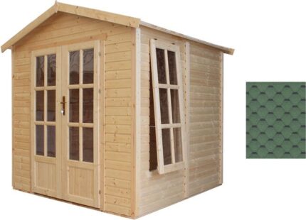 TIMBELA M351FB Cabane en bois avec plancher, avec bardeaux bitumineux couleur VERT l233xP222xH233cm, Abri en bois de jardin multifonctionnel