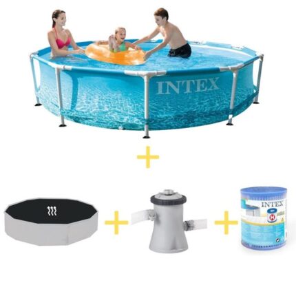 Intex Piscine - Metal Frame - Thème de la plage - 305 x 76 cm - Avec Tapis solaire, Pompe filtrante & Filtre