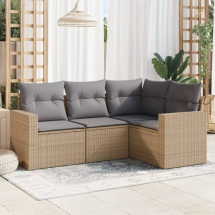 Salon de jardin avec coussins 4 pcs | Mobilier d'Extérieur | Ensemble de Table et chaises beige résine tressée CDS55100