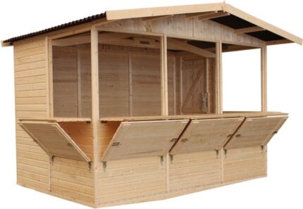 TIMBELA M150B Maison de jardin en bois, Étal de marché en bois, Grand stand de vendeur avec comptoir, CINQ FENÊTRES, H232x336x263 cm/6m2