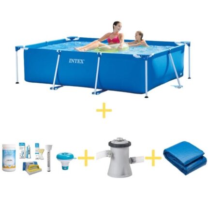 Intex Piscine - Frame Pool - 220 x 150 x 60 cm - Avec WAYS Pack d'entretien piscine, Pompe filtrante & Bâche de sol