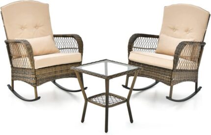 Salon de Jardin Extérieur 2 Places, 2 Chaises à Bascule en Rotin PE et Table d'Appoint en Verre, Coussins Inclus