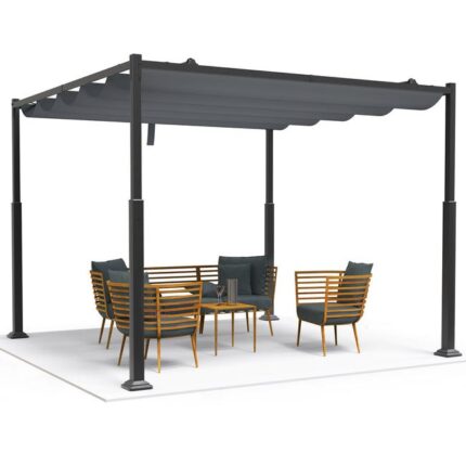 Pergola retractable 3x3m en metal et toile Polyester haute densite 180g/m2 gris