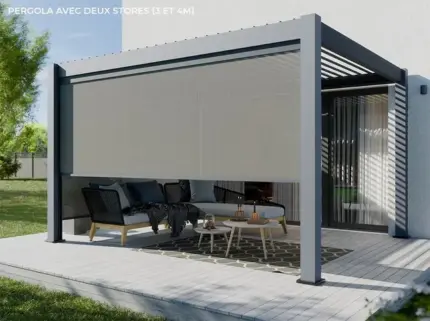 Pergola Bioclimatique Aluminium Autoportée 12m2 - 3x4m - Deux Stores Inclus - Anthracite - 24 lames en Acier Galvanisé Inclinables a 90° - Tonnelle
