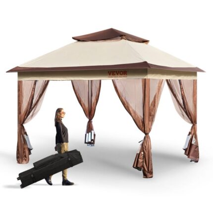 VEVOR Gazebo de Jardin 334x334 cm Tonnelle de Terrasse avec Moustiquaire Pop-up 8-10 Personnes avec Cadre Métallique, Toile Oxford 250D Enduite de PU