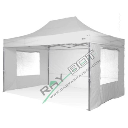 Tonnelle Pliante 3X4,5 RAY BOT Blanc Aluminum 45mm AVEC BÂches Latérales et fenêtres . Tissu enduit de PVC à 350gr/m² étanche et hydrofuge