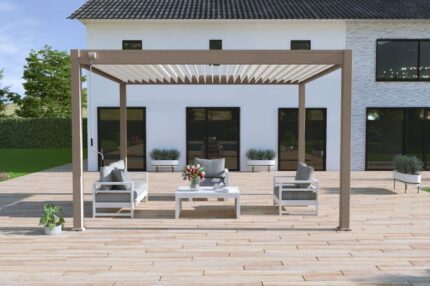 Pergola bioclimatique autoportante taupe/blanc - 300 x 400 x H. 258 cm