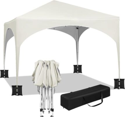 Tente de Fête 3x3m avec 4 Sacs de Sable,Tonnelle de Jardin,Pavillon Pop-Up avec Toit en Demi-Cercle,Auvent Pliable Imperméable,Beige,WOLTU