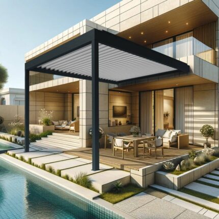 Pergola bioclimatique TRESNA 4.50 x 6.037m Vérin à Télécommande (Gris anthracite / Blanc)