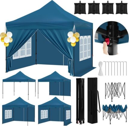 Tonnelle de Jardin avec 4 Sacs de Sable,Tente de Réception Imperméable,Pergola,Barnum Pliant,4 Parois Latérales Amovibles，Hauteur Réglable,Bleu,WOLTU