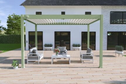 Pergola bioclimatique autoportante vert/blanc - 300 x 400 x H. 258 cm