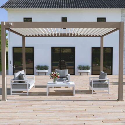 Pergola bioclimatique Ombréa autoportante VS - 3x4M Taupe + 1 store 4M blanc-